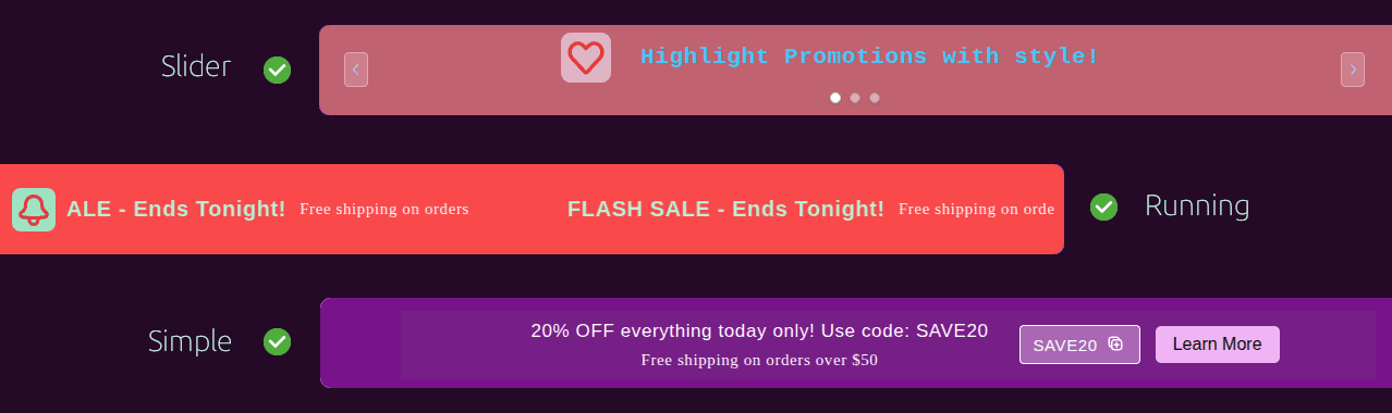 Namkos Announcement Bar types preview