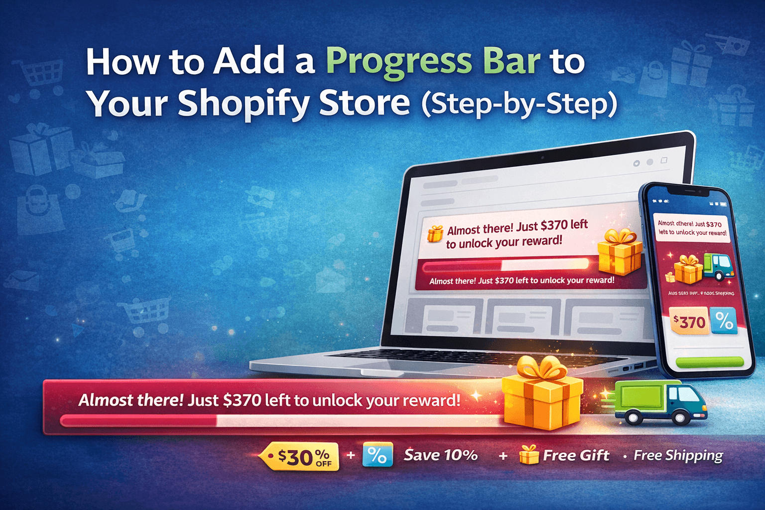 Step-by-step progress bar setup on a Shopify store showing reward configuration and design customisation