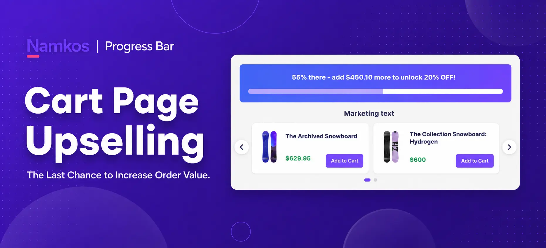 Shopify cart page showing a progress bar and product recommendations nudging the customer toward free shipping