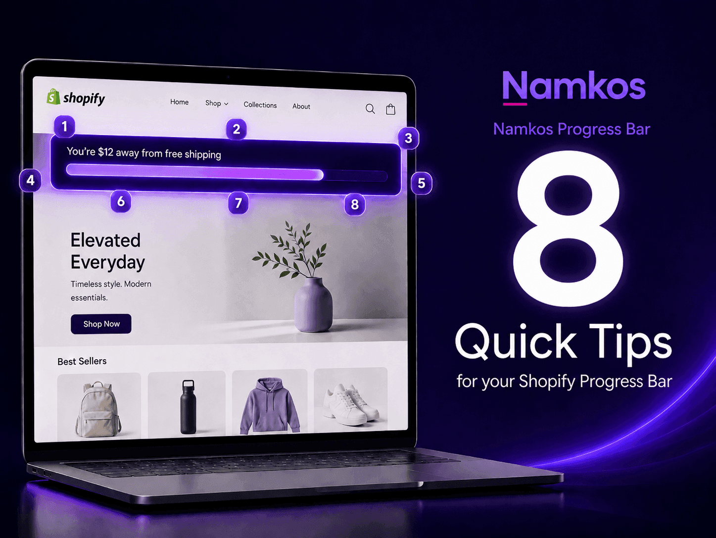 Namkos Progress Bar dashboard showing tip callouts for threshold setting, colour templates, and dynamic messaging on a Shopify store