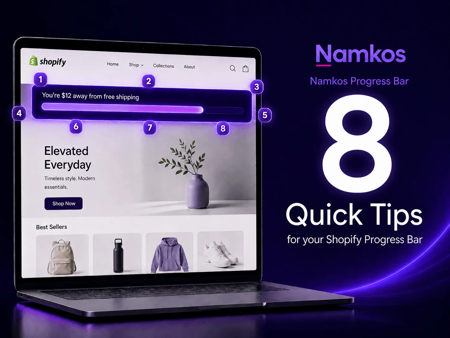 Namkos Progress Bar dashboard showing tip callouts for threshold setting, colour templates, and dynamic messaging on a Shopify store