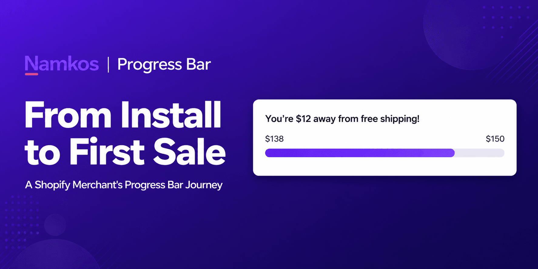 Shopify merchant following the complete Namkos Progress Bar setup journey from install to first attributed sale