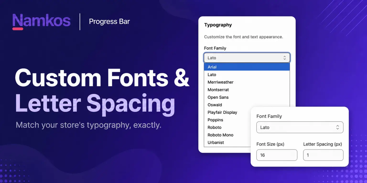 Namkos Progress Bar styling panel showing the new Font Family dropdown and Letter Spacing control with a live preview of the bar