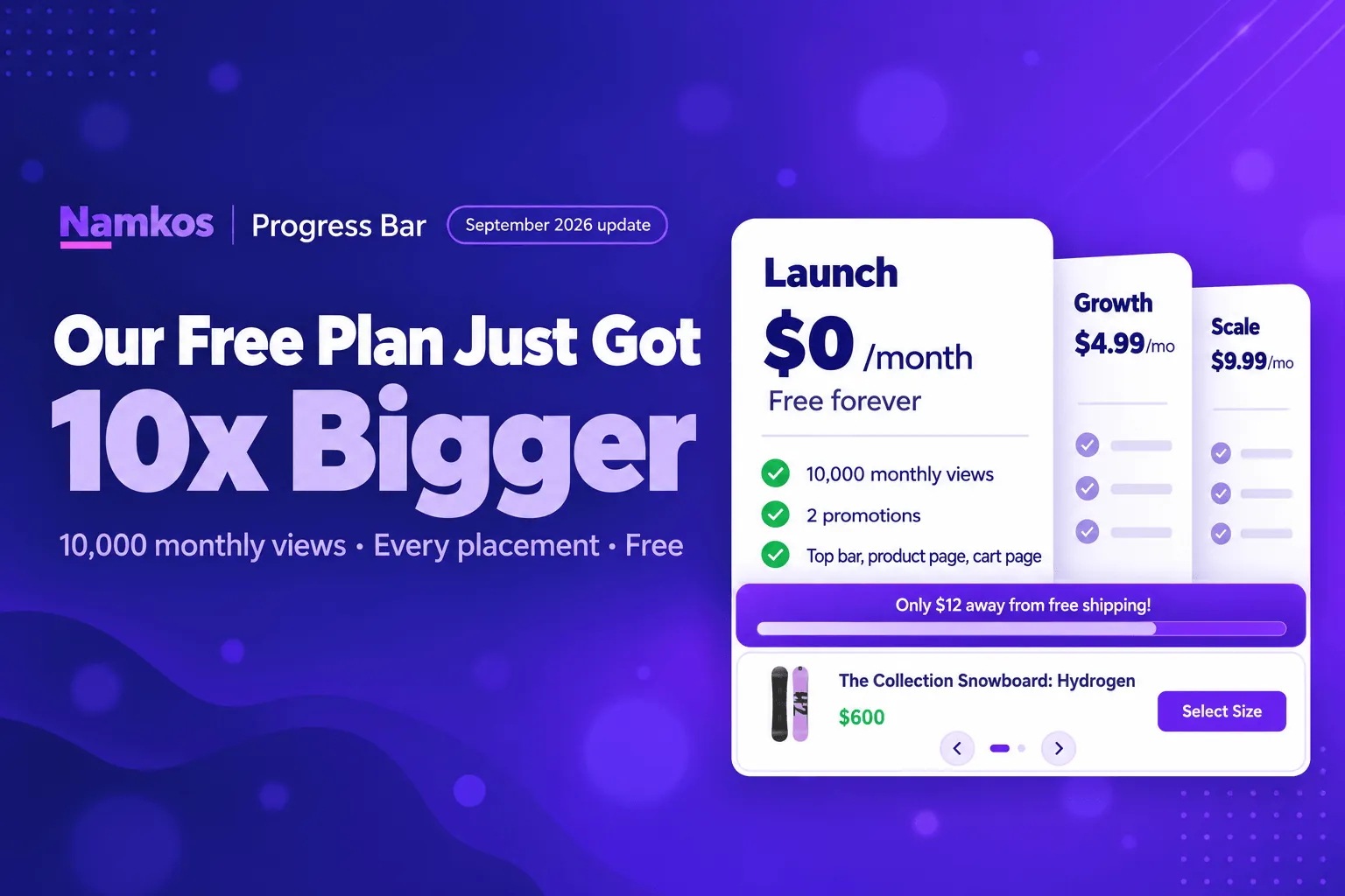 Namkos Progress Bar September 2026 update banner showing the free Launch plan with 10,000 monthly views and every placement, next to the Growth and Scale plans