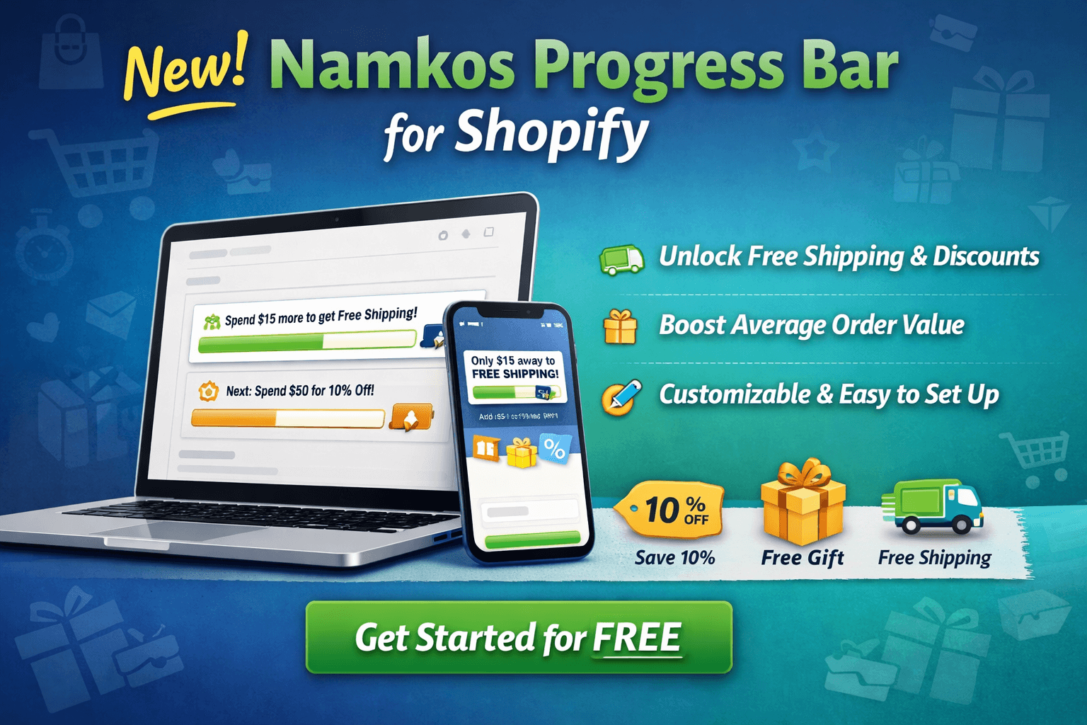 Namkos Progress Bar app showing a progress bar on a Shopify store with free shipping reward