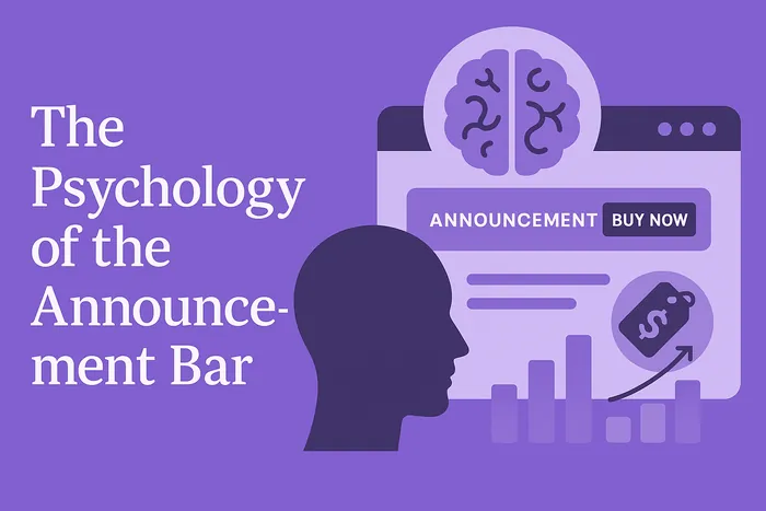Psychology of announcement bars showing brain with conversion triggers and buy now button