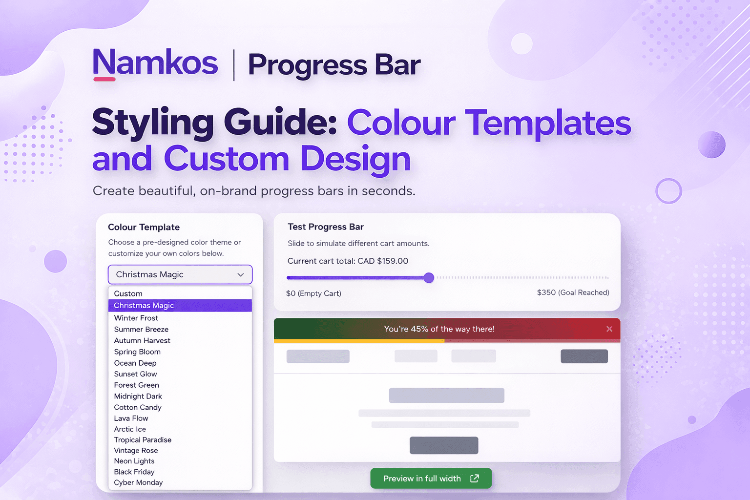 Namkos Progress Bar styling guide showing colour template dropdown and live preview with Christmas Magic theme selected