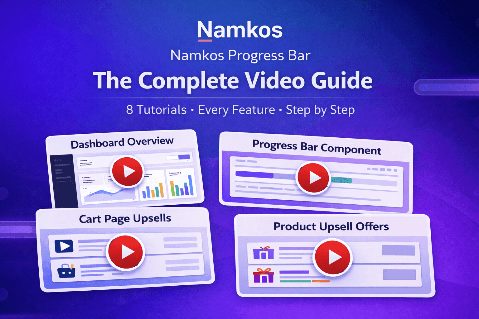 Namkos Progress Bar video tutorial series showing all 8 tutorials covering installation, setup, customisation, and analytics