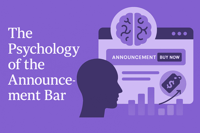 Psychology of announcement bars showing brain with conversion triggers and buy now button