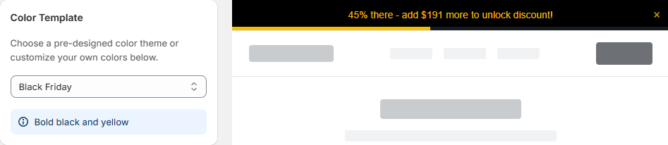 Namkos Progress Bar with Black Friday colour template showing bold black and yellow styling with discount message