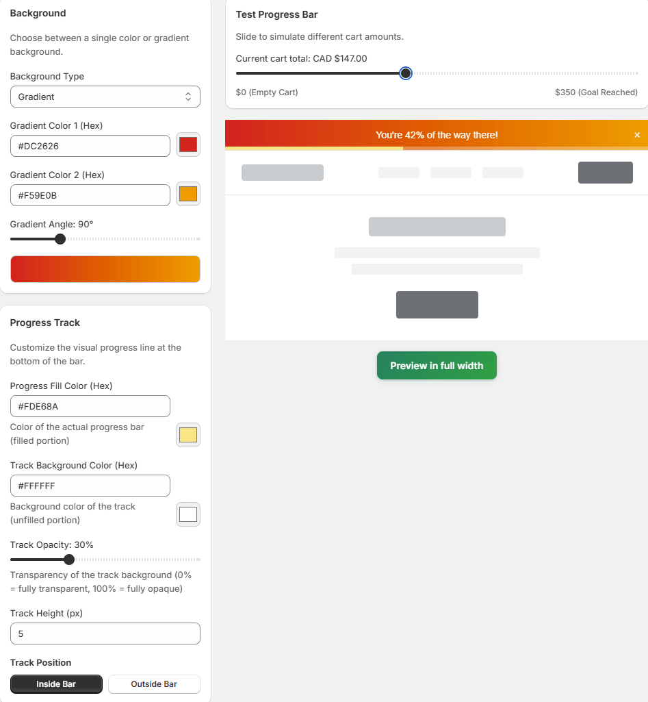 Namkos Progress Bar custom styling panel showing background gradient settings, progress track colour options, and live preview