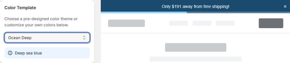 Namkos Progress Bar with Ocean Deep colour template showing deep sea blue styling with free shipping message